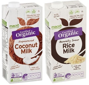 Macro Certified Organic Unsweetened Coconut Milk 1L and Macro Certified Organic Naturally Sweet Rice Milk 1L